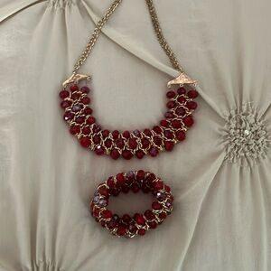 Elegant Red Beaded Necklace and Bracelet Set
